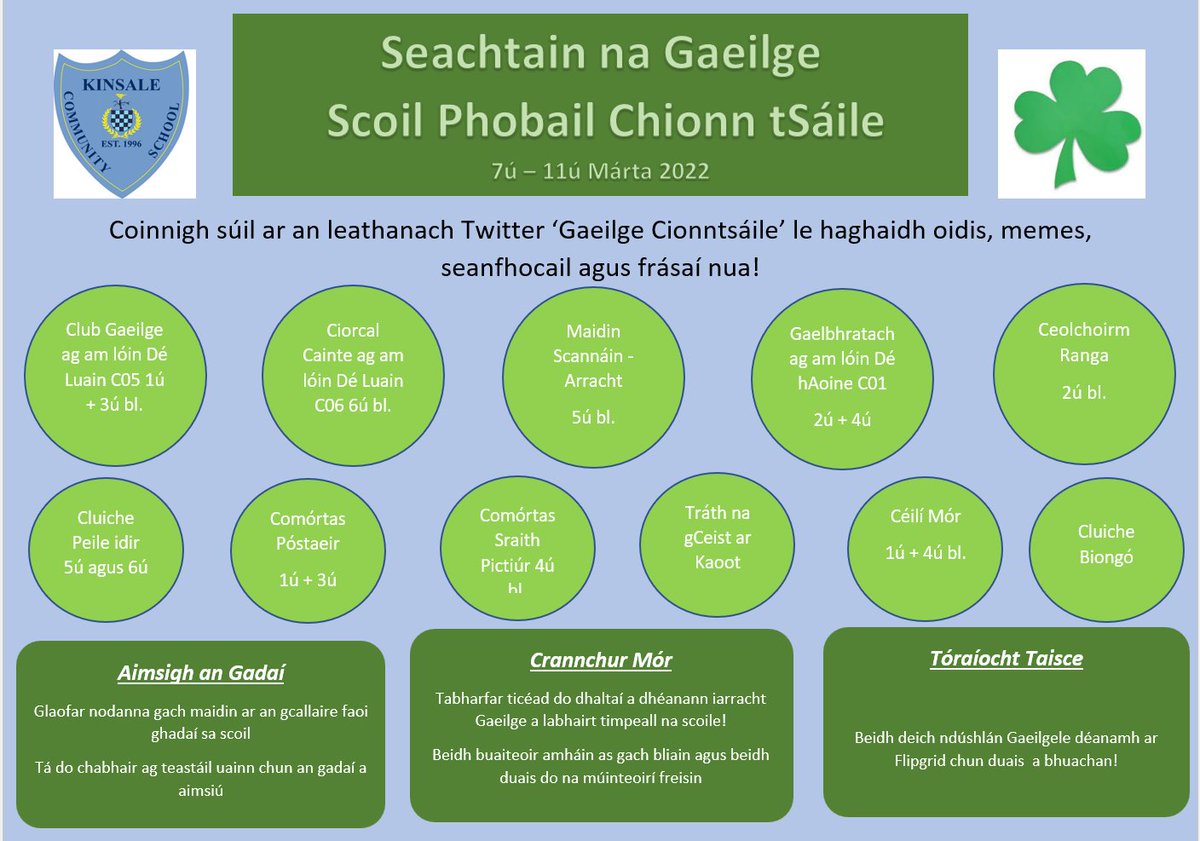 KinsaleComSch's tweet photo. Beidh Seachtain na Gaeilge ar siúl i Scoil Phobail Chionn tSáile ó 7ú - 11ú Márta 2022 i mbliana. Beidh imeachtaí ar siúl timpeall na scoile. 'Is fearr Gaeilge bhriste ná Béarla cliste!' Bígí linn! @SnaGaeilge @gaeilgekcs #SnaG2022 #SeachtainnaGaeilge #KCS4Life https://t.co/Fl9CjTCKRS