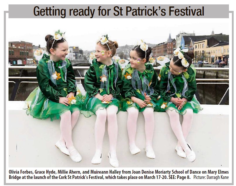 corkpaddysfest's tweet photo. What a gorgeous picture on the front page of today's @echolivecork  of our wonderful dancers from Joan Denise Moriarty School of Dance on the Mary Elmes Bridge at the launch of the Cork St Patrick's Festival.

#CorkGoesGreen #LáFhéilePádraig https://t.co/M9pmdQcIPy