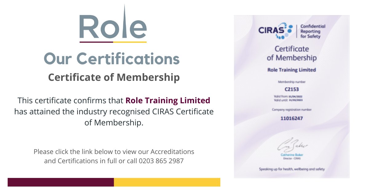 RoleGroupLtd's tweet photo. This certificate confirms that Role Training Limited has attained the industry recognised CIRAS Certificate of Membership. Click the link below to view our accreditations and certifications in full or call 0203 865 2987. #cirasmembership #cirascertificate
https://t.co/VlPjYPNJxN https://t.co/TqhfsMYehA