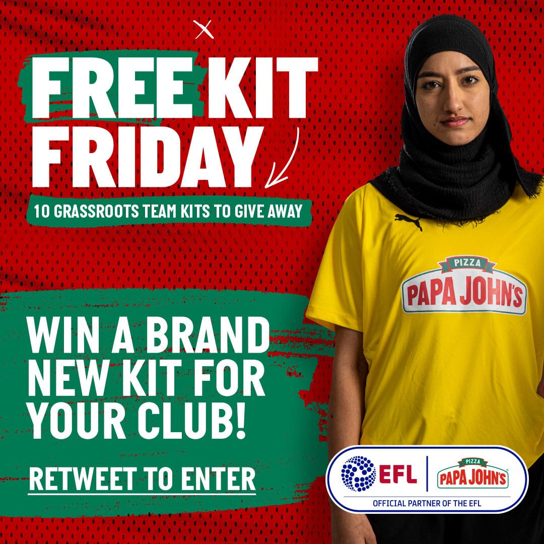 WIN NEW KIT! JUST RETWEET NOW TO BE IN WITH A CHANCE.
 
Wanna get kitted up? Each and every week <a href="/papajohns/">Papa Johns</a> are giving away 10 PUMA kits to support local clubs. Retweet now!
 
#FreeKitFriday #GetYourKitOn #ad