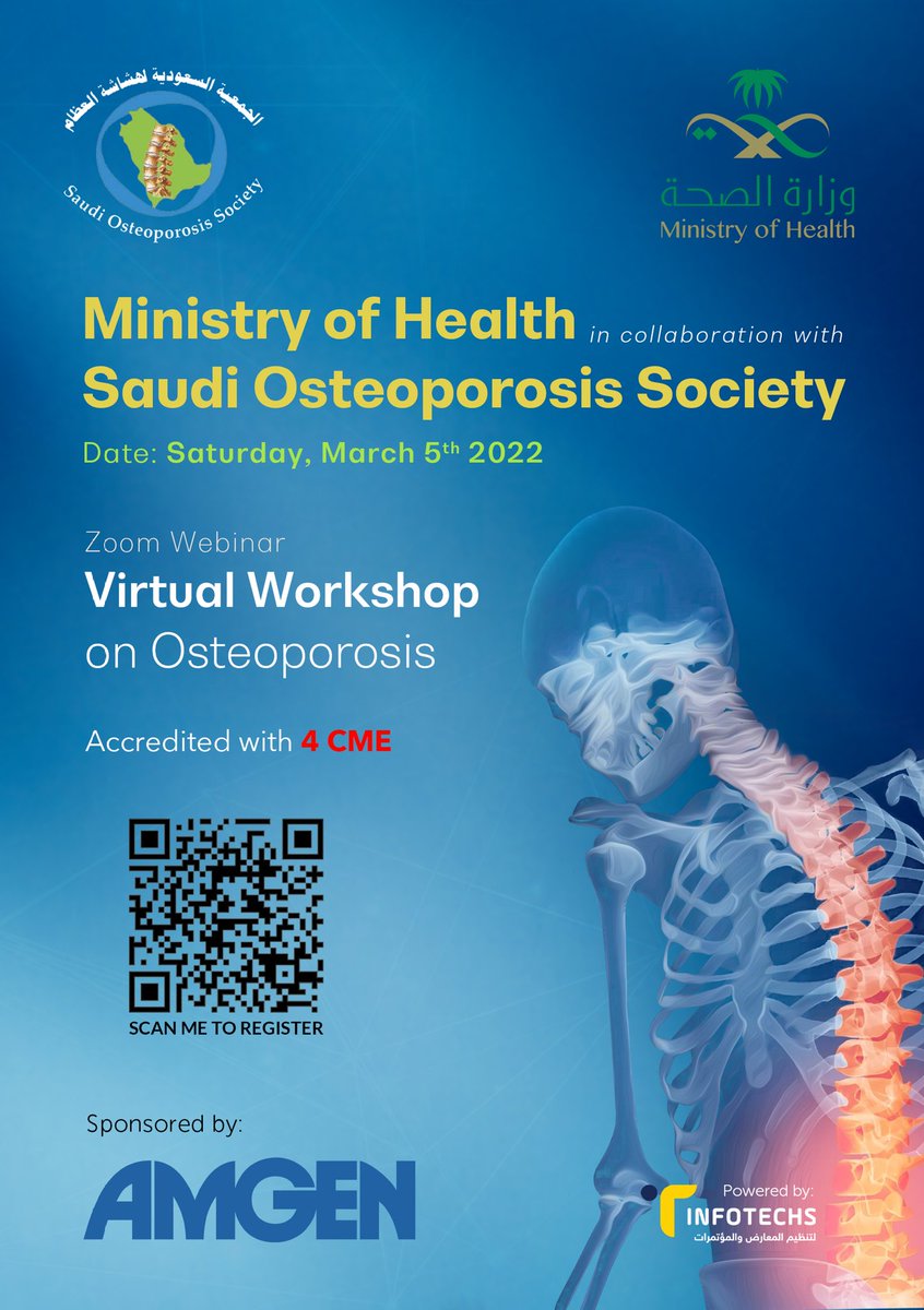 InfotechsCo's tweet photo. Happening tomorrow!
Ministry of Health in collaboration with Saudi Osteoporosis Society
Workshop on osteoporosis
Accredited with 4 CME
Free registration
https://t.co/CK84VjPqNZ
#infotechs #event https://t.co/xmRIekA9WB