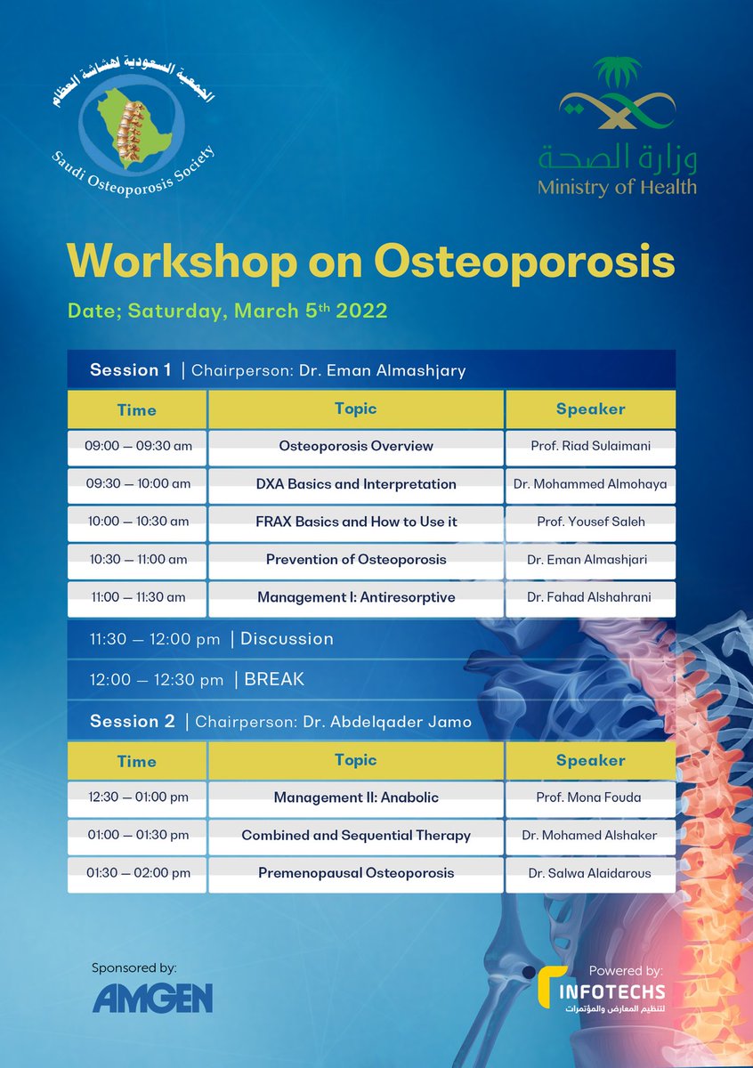 InfotechsCo's tweet photo. Happening tomorrow!
Ministry of Health in collaboration with Saudi Osteoporosis Society
Workshop on osteoporosis
Accredited with 4 CME
Free registration
https://t.co/CK84VjPqNZ
#infotechs #event https://t.co/xmRIekA9WB