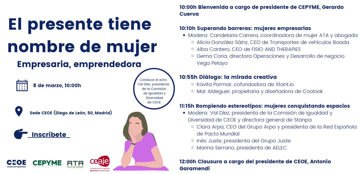 El día #8M, <a href="/CEOE_ES/">CEOE</a>, <a href="/cepyme_/">CEPYME</a>, <a href="/autonomosata/">Fed. Autónomos 𝗔𝗧𝗔</a>
 y <a href="/CEAJE/">CEAJE</a> celebran el acto “El presente tiene nombre de #mujer”

Modera: <a href="/marivaldiez/">Val Díez</a>
Participa <a href="/Candelaria_Carr/">Candelaria Carrera</a> y <a href="/fisioandther/">FisioandTherapies</a> 

Os esperamos: mdirector-pages.com/621c8e134a137