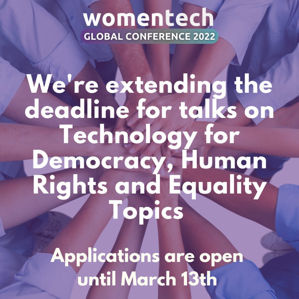 📣 Speak Up: Technology for #Democracy, #HumanRights &amp; #Equality at WTGC 2022

📆 Apply to speak before March 13th or share the link with someone who would be interested (select "Society, Sustainability &amp; Impact"): womentech.net/form/apply-to-… 

#womenintech #WomenTechNet #WTGC2022