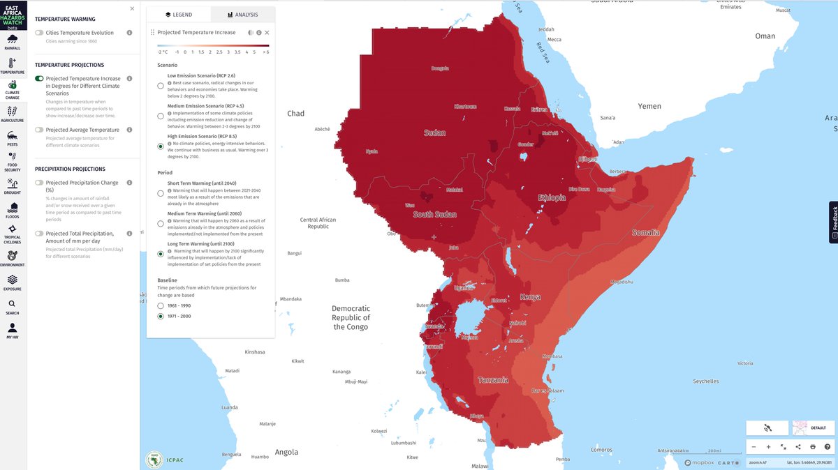 IGAD_CPAC's tweet photo. ℹ️ Explore the projected temperature increase in °C in #EastAfrica by 2100 under different climate scenarios ➡️ https://t.co/vC6LAkkNbd #RICCAMA https://t.co/VguR65Oh68