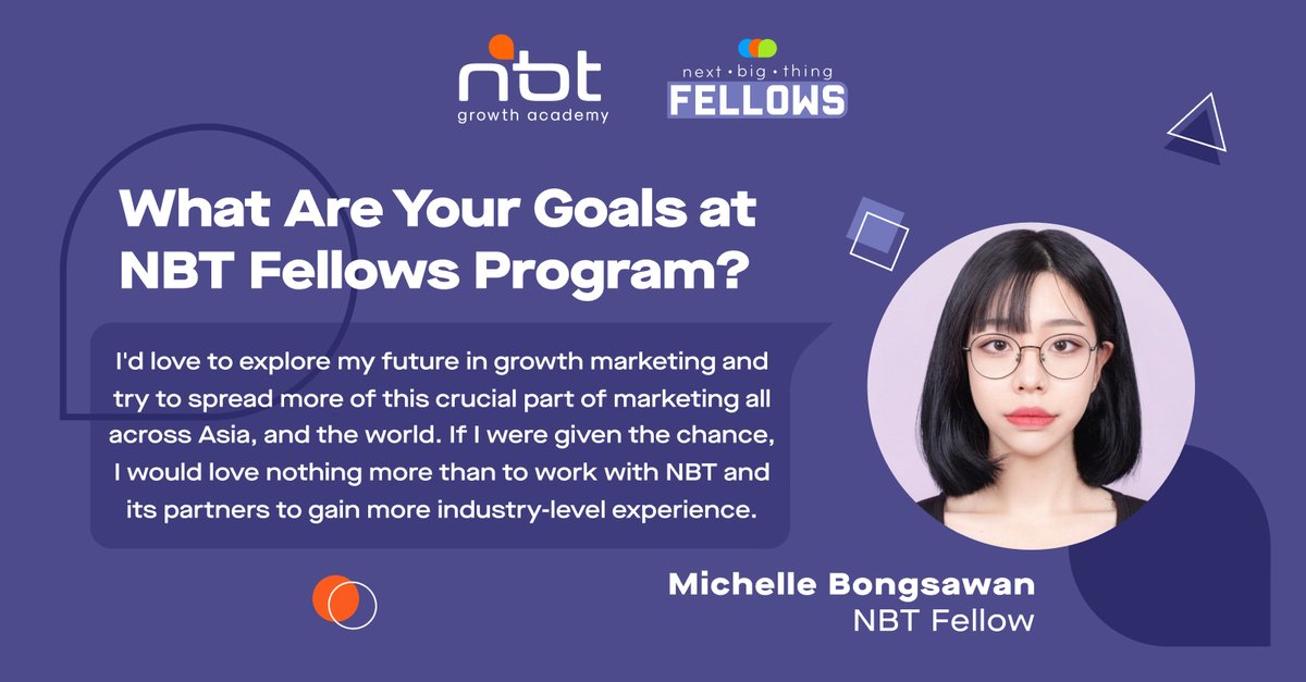 NBT_academy's tweet photo. Say hi to our flexible, creative and dependable #NextBigThingFellow Michellle Bongsawan! ๐๐โโ๏ธ
#AdaptForSuccess
#GrowthMarketing https://t.co/1eAUTWNK7E