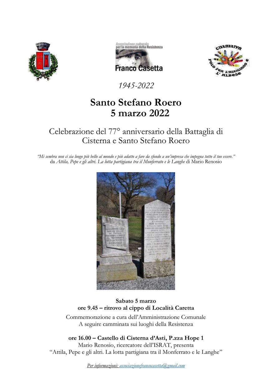 EcomuseoRocche's tweet photo. 👉 A proposito di guerre e di non imparare dalla storia...😌 
Domani 5 marzo, due momenti speculari nel Roero:
- la #Commemorazione della Battaglia di Cisterna e S.Stefano Roero.
- la #Manifestazione contro l'attuale guerra 🕊 a Canale. https://t.co/YA3hEVWe5q