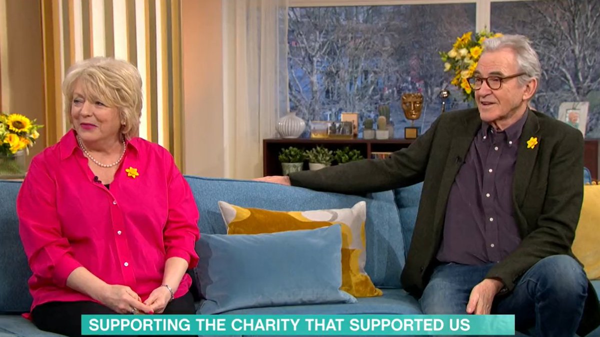 mariecurieuk's tweet photo. Thank you to Alison Steadman and @larrylamb47 for taking the time to talk about our work on @thismorning💛

It was lovely to see Mick and Pam reunited, and it was all done to help support those affected by terminal illness.

#MyDaffodil #ThisMorning https://t.co/CSD3UDaTGn