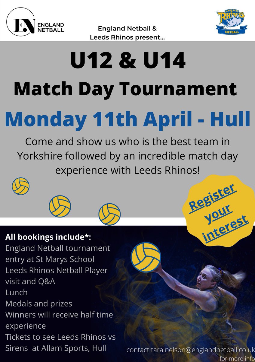 Calling U12/U14 budding netball stars!
Join <a href="/EnglandNetball/">England Netball</a> &amp; <a href="/RhinosNetballSL/">NIC Leeds Rhinos Netball</a> 11th April for a day to remember🦏

🏐Competing throughout the day, then cheer Rhinos on Sirens in the <a href="/NetballSL/">Netball Super League</a> at night🙌 
 
 Register your interest! forms.office.com/r/nB1txeaBYS