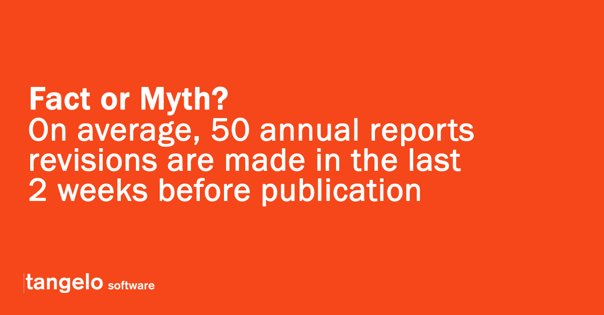 tangelosoftware's tweet photo. #FactsFriday: What do you think? Are, on average, 50 revisions made in the last 2 weeks before publication of the #annualreport? Or less, or even more? Find the answer in our whitepaper, it will surprise you.
Download here: https://t.co/g7WW5yTswz

#investorrelations #fintech https://t.co/C1kQ8A36J0