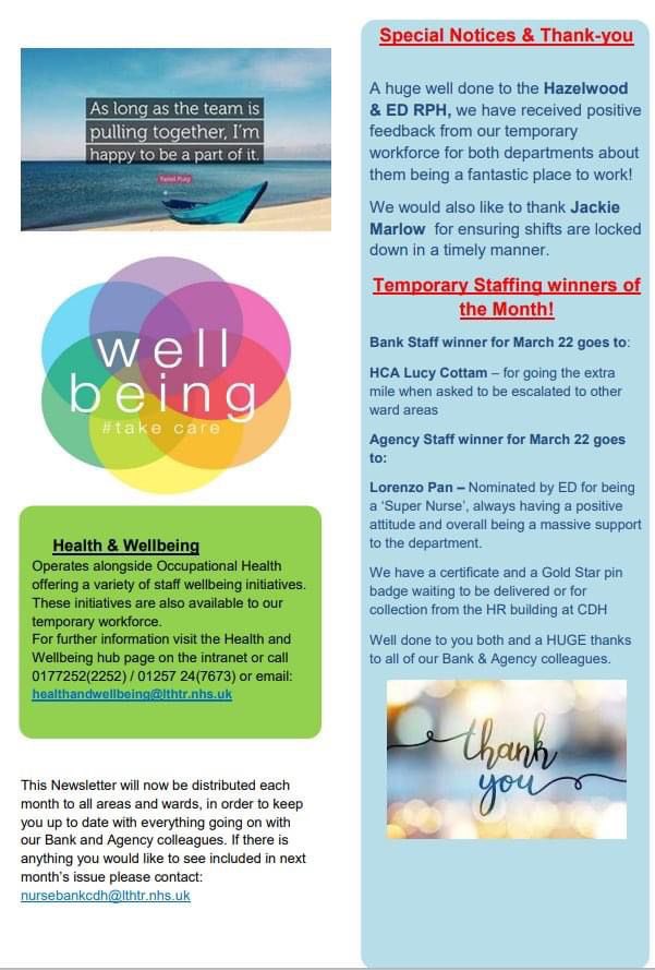 Well done to us for receiving positive feedback from temporary workforce. We appreciate every single member of staff that picks up a shift in their extra time. <a href="/rachel_sansbury/">Rachel Sansbury</a> @HowlesJohn <a href="/LancsHospitals/">Chorley & Royal Preston</a>