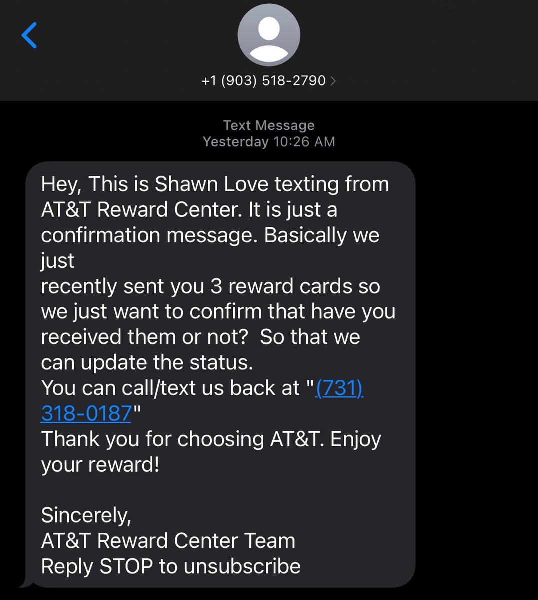 blackcoffeyboy's tweet photo. .@ATTHelp I got this weird text yesterday. So I googled “Shawn Love AT&amp;T” only to find an entire page of people complaining about the exact same. 

How are these scammers getting so many of your customers’ personal info? And what are y’all doing to shut this down? https://t.co/H0vnzIn34L