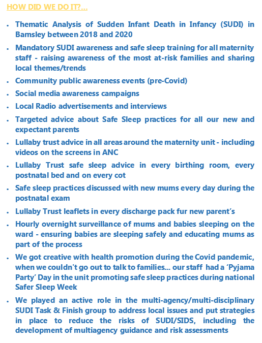 Midwife_LisaR's tweet photo. Maternity Services @barnshospital are dedicated to promoting #safesleep practices &amp; reducing the risks of SUDI/SIDS deaths for our families; we are extremely proud that in 2021 we had NO SUDI/SIDS deaths @Barnsley_HoM @BarnsleyMvp @kerry_bushell @CatherineH_RM @LullabyTrust https://t.co/Z1jU2SHRez