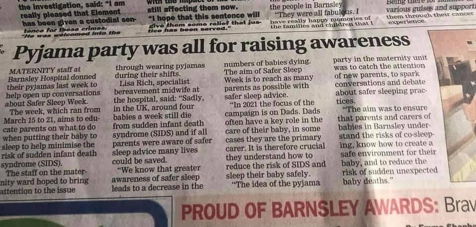Midwife_LisaR's tweet photo. Maternity Services @barnshospital are dedicated to promoting #safesleep practices &amp; reducing the risks of SUDI/SIDS deaths for our families; we are extremely proud that in 2021 we had NO SUDI/SIDS deaths @Barnsley_HoM @BarnsleyMvp @kerry_bushell @CatherineH_RM @LullabyTrust https://t.co/Z1jU2SHRez