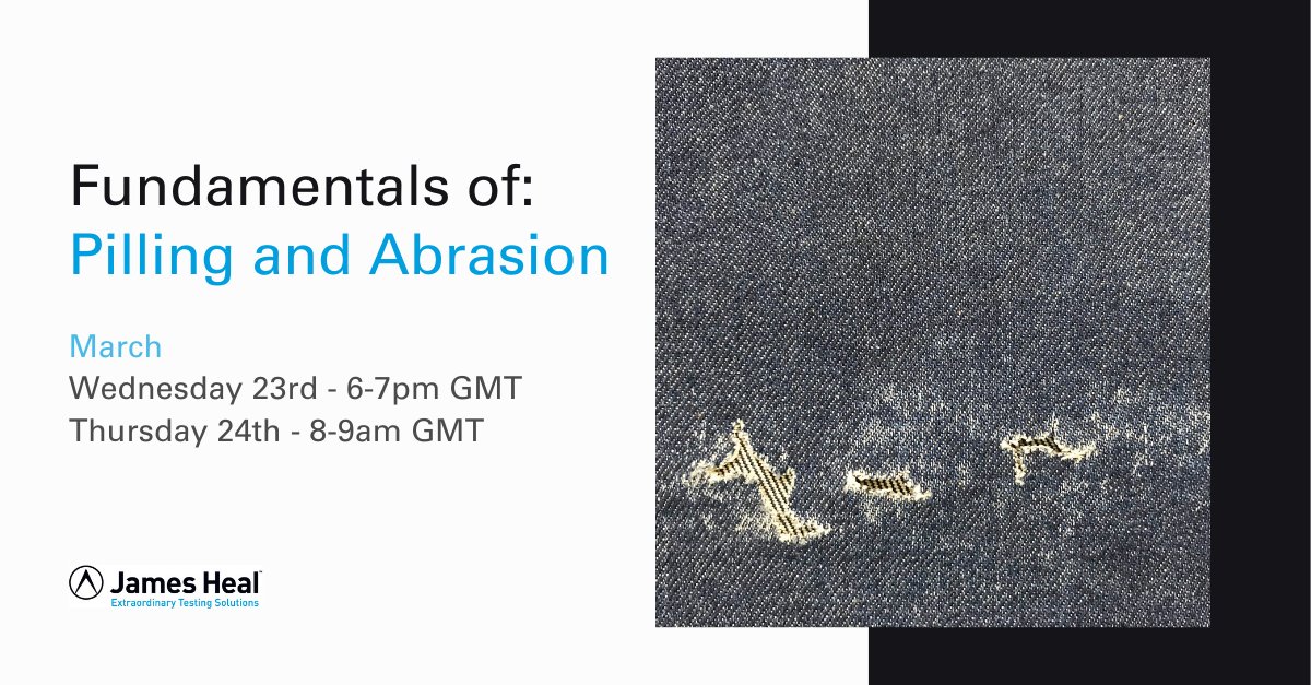 Coming up...

The next webinar on our schedule is the Fundamentals of Pilling and Abrasion.

The dates for this webinar are:

Weds 23rd March, 6-7pm GMT
hubs.ly/Q015lPD90
Thurs 24th March, 8-9am GMT
hubs.ly/Q015lVm70

#textileswebinar #pilling #abrasion