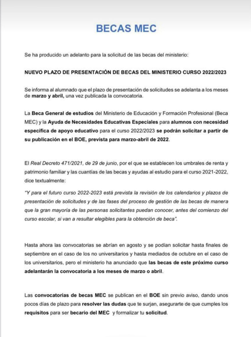IMPORTANTE‼️‍🎓👨‍🎓 BECAS MEC Cambio en el plazo de solicitud de BECAS de Ciclos Formativos, Bachillerato y Universitarios para el curso 2022/2023.
Permaneceremos atentos para informaros de los plazos de la convocatoria <a href="/santaelenajaen/">Santa Elena</a>