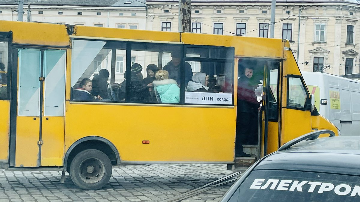 children from Eastern part of Ukraine on there way to the polish Border.liviv today