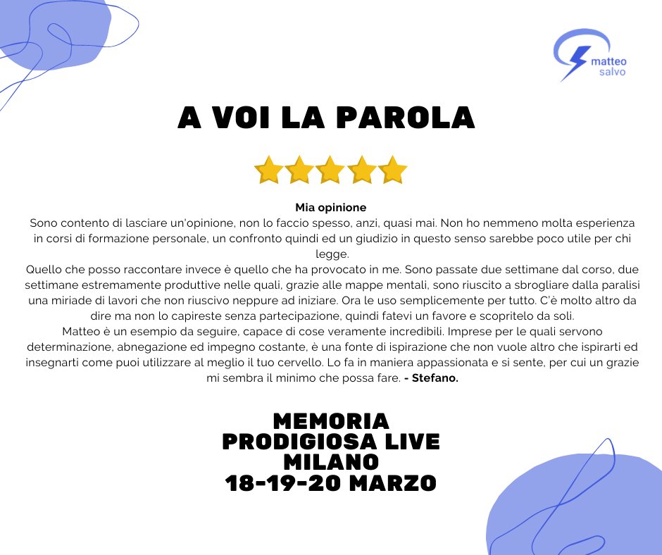 #4marzo Attenzione!Manca davvero pochissimo a Memoria Prodigiosa Live, il corso intensivo dal vivo su metodo di studio, mappe mentali e tecniche di memorizzazione rapida💡 Il corso è quasi in partenza, approfittane e iscriviti subito: matteosalvo.com/memoria-prodig…