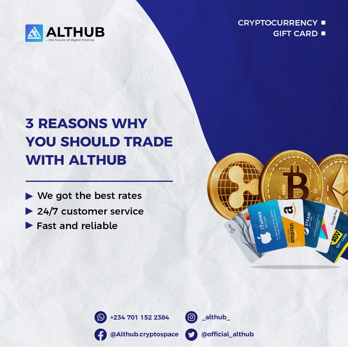 officialalthubs's tweet photo. Why you should trade all your Digital Assets with ALTHUB.
#ALTHUB #Bitcoin #blockchain #giftcard https://t.co/7Oze4bWQsP