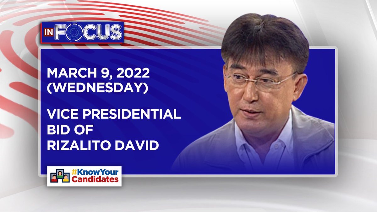 ANCALERTS's tweet photo. Catch vice presidential aspirant Rizalito David on Dateline Philippines on Wednesday, March 9. Send your questions using the hashtag #ANCInFocus. #Halalan2022
Watch previous interviews with presidential and vice presidential candidates here: https://t.co/0ladtw9VL8 https://t.co/LPYuCoFEHb