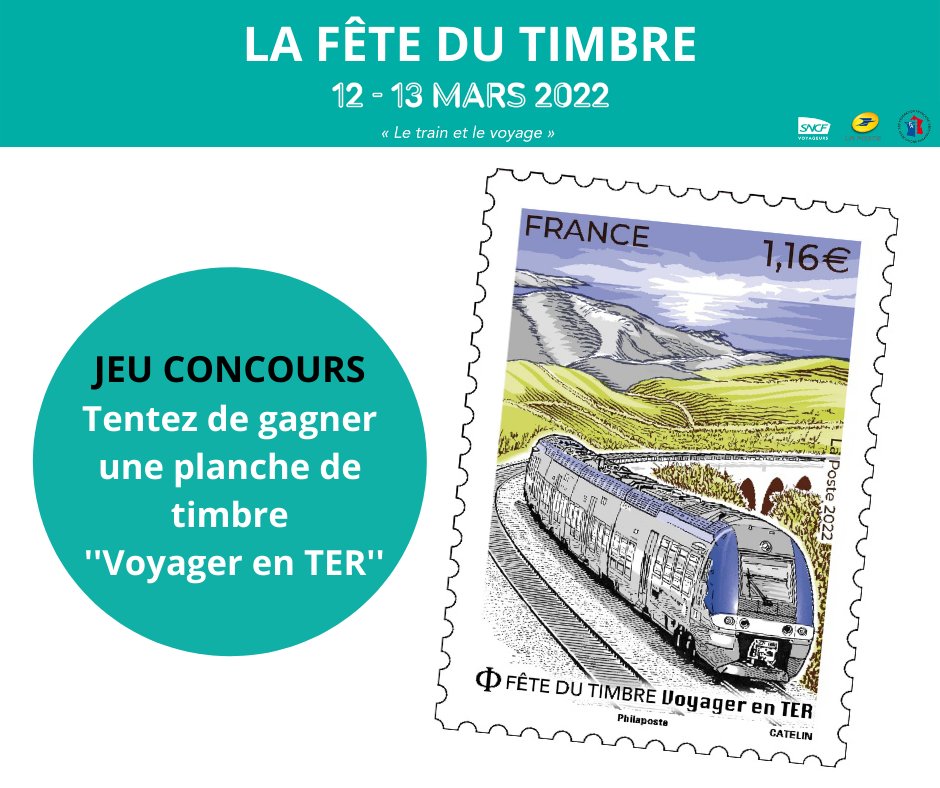 TER_BFC_Trafic's tweet photo. [#JeuConcours 🎁] 

A l'occasion de la #FeteDuTimbre 2022, gagnez une planche de timbre ''Voyager en TER'' !

POUR PARTICIPER: 
👉 Dis-nous où se situe ton bureau de Poste préféré
👉 Follow @TER_BFC_Trafic
👉 RT et Like ce Tweet

Tirage au sort le 07/03/22
Bonne chance à tous 🍀 https://t.co/DhpLxzNA2n