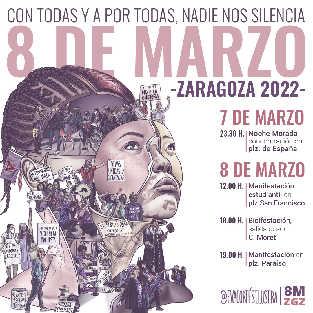 📣PROGRAMACIÓN JORNADA #8M2022
🎨Ilustración y diseño: <a href="/evacortesilustr/">Eva Cortés Ilustra</a> 

📍 7 de marzo:
 A las 23:30h. en plz. España "Noche Morada"
📍 8 de marzo:
 - 12:00h. en plz. San Francisco: Mani Estudiantil.
- 18:00h. en C/ Moret: Bicifestación
- 19:00h. en plz. Paraíso: Manifestación.