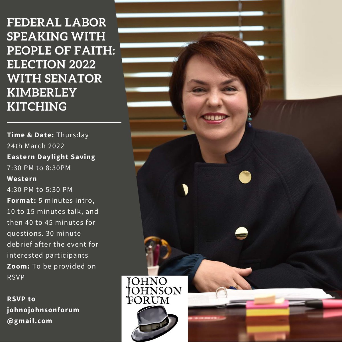 JohnoForum's tweet photo. We are back for 2022. Our first event is Federal Labor speaking with people of faith: Election 2022 with the rising and up and coming Labor Senator @kimbakit. Thursday 24th March at 7:30pm Eastern Daylight Saving. Email johnojohnsonforum@gmail.com for the zoom link to join us. https://t.co/wSE0LAZXM1