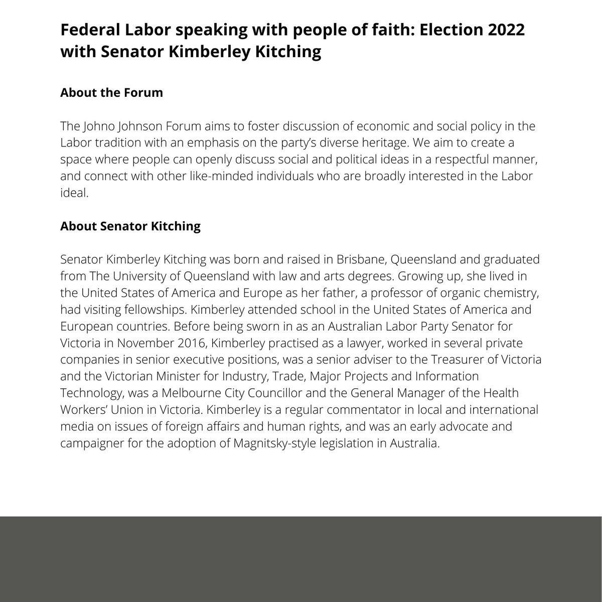 JohnoForum's tweet photo. We are back for 2022. Our first event is Federal Labor speaking with people of faith: Election 2022 with the rising and up and coming Labor Senator @kimbakit. Thursday 24th March at 7:30pm Eastern Daylight Saving. Email johnojohnsonforum@gmail.com for the zoom link to join us. https://t.co/wSE0LAZXM1