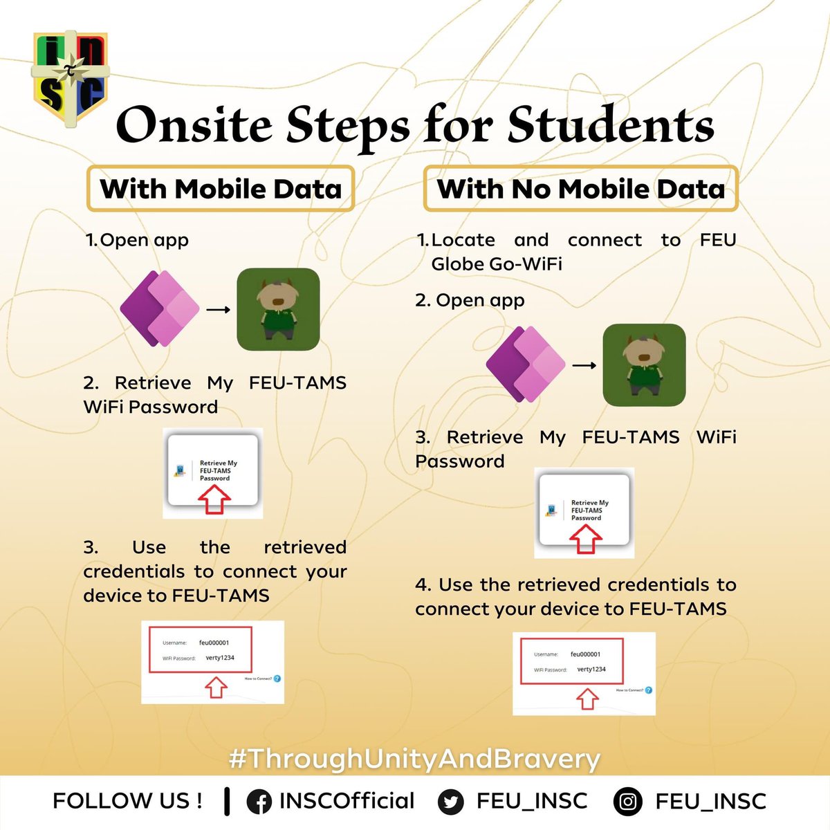 OfficialNurSoc's tweet photo. Heads up, Tams!  

Take note of the following steps in order to retrieve your FEU TAMS Wi-Fi password on-site or at home. 

#ThroughUnityAndBravery  

Layout by: Jamil Uy 
Caption by: Nadine Gumabao https://t.co/y026oXhvxk