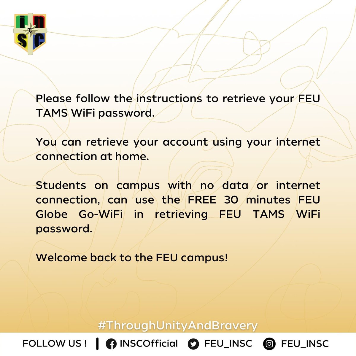 OfficialNurSoc's tweet photo. Heads up, Tams!  

Take note of the following steps in order to retrieve your FEU TAMS Wi-Fi password on-site or at home. 

#ThroughUnityAndBravery  

Layout by: Jamil Uy 
Caption by: Nadine Gumabao https://t.co/y026oXhvxk