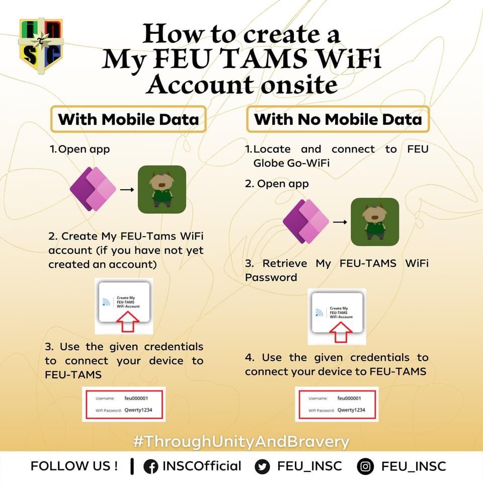 OfficialNurSoc's tweet photo. Heads up, Tams!  

Take note of the following steps in order to retrieve your FEU TAMS Wi-Fi password on-site or at home. 

#ThroughUnityAndBravery  

Layout by: Jamil Uy 
Caption by: Nadine Gumabao https://t.co/y026oXhvxk