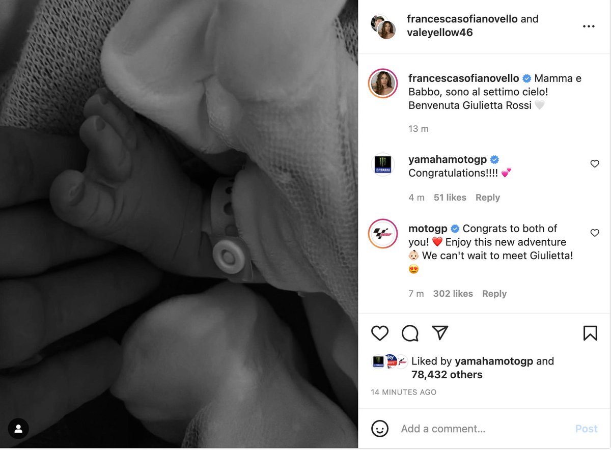 bikesontnt's tweet photo. Congratulations to Valentino Rossi and Francesca Novello on the birth of Giulietta Rossi 💙💛 https://t.co/3lCPhygFy8