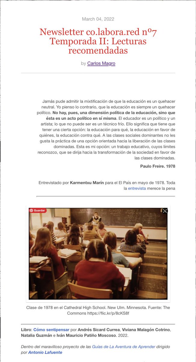 Os dejo la #newsletter de esta semana con la guía #sentipensar (Andrés Sicard, Viviana Malagón, Natalia Guzmán e Iván Patiño) <a href="/aventuraprender/">Aventura de Aprender</a>, textos d @PhilippeMeirieu <a href="/fimbernon/">Francesc Imbernón</a> Luis Huerta-Charles y Peter McLaren y una conferencia de Joan-Carles Mèlich tinyletter.com/carlosmagro/le…