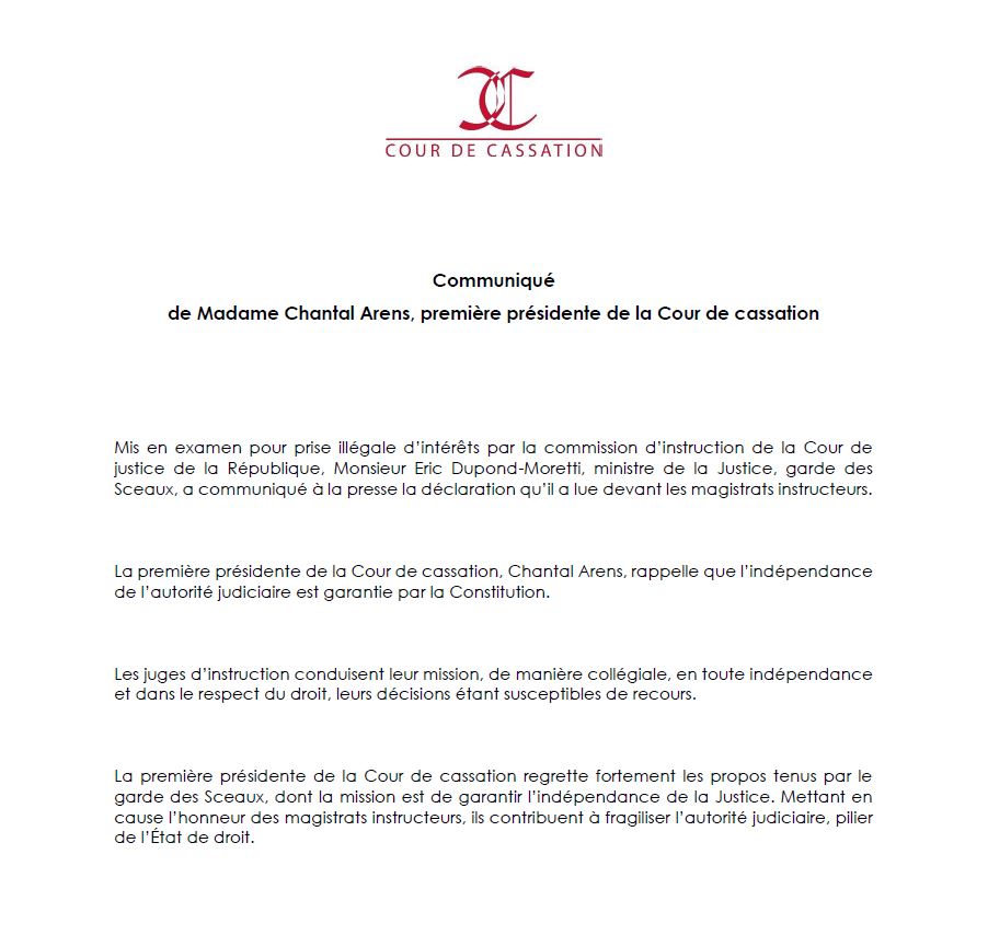 Courdecassation's tweet photo. [Communiqué] de Mme Chantal Arens, première présidente de la Cour de cassation https://t.co/uxUgc7kels