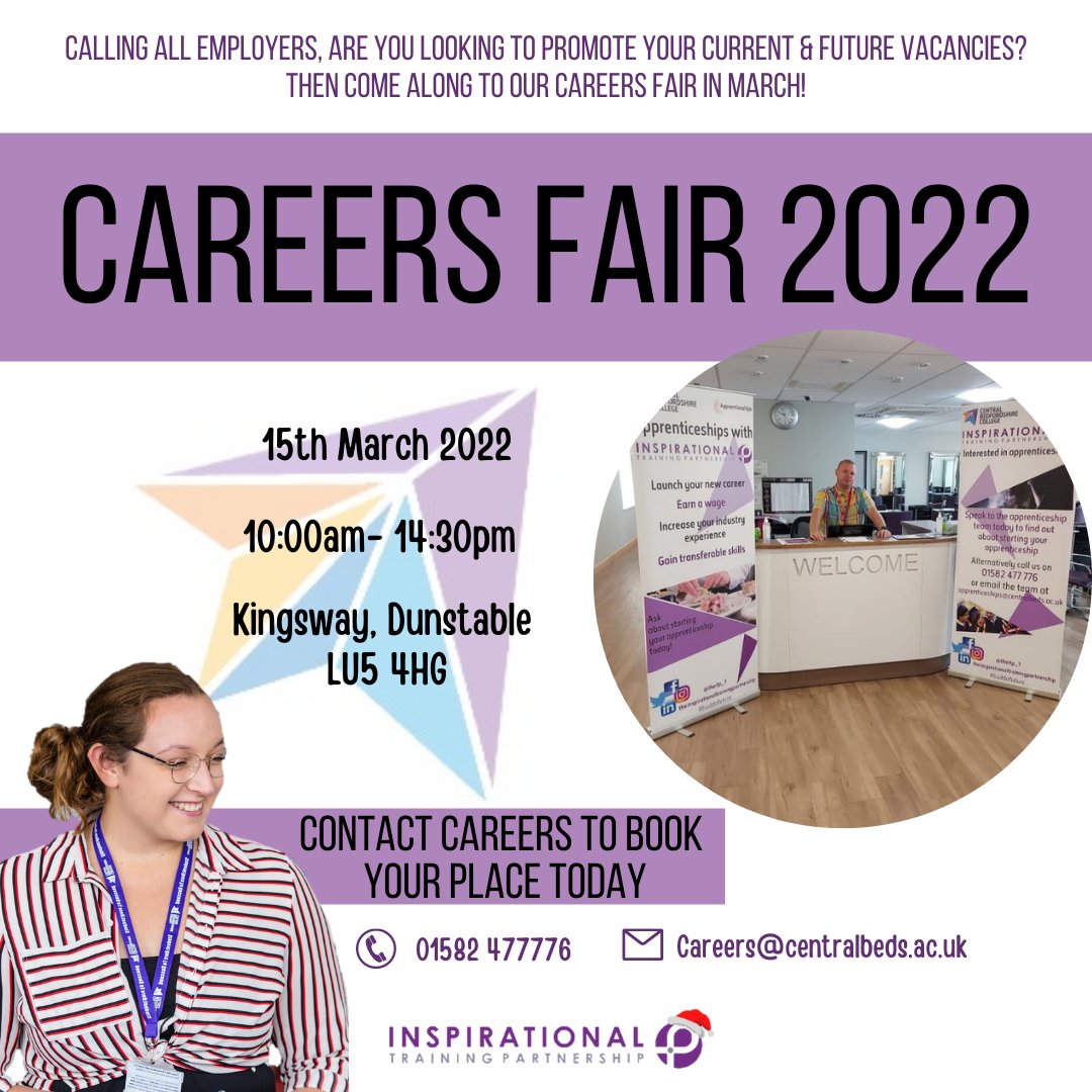 BeCentralBeds's tweet image. 📢Calling all employers! The #College will be hosting their annual #Careers Fair on 15 Mar. This is a great opportunity to advertise current and future #vacancies. Book your place - careers@centralbeds.ac.uk or call 01582 477 766
@letstalkcentral @Theitp_1
#Vacancies #Employment