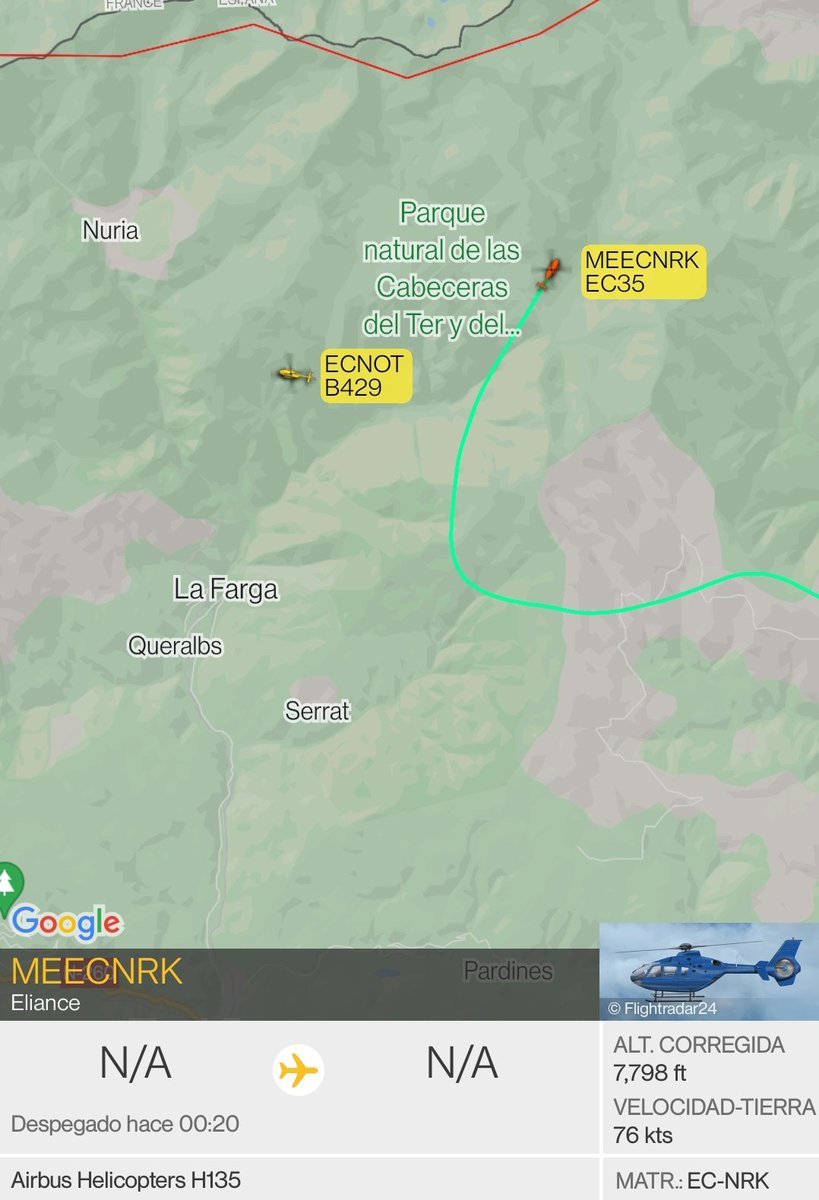 FlightradarCAT's tweet photo. Sembla que ha passat quelcom greu a la zona de Núria i el parc natural de la Capçalera del Ter. Actius a la zona el 50.04 EC-NOT dels @bomberscat #GRAE i l'Hotel2 EC-NRK del @semgencat (foto de quan encara era OE-XOO) #transitaeri #transitaeriCatalunya https://t.co/9a44rnWq7J