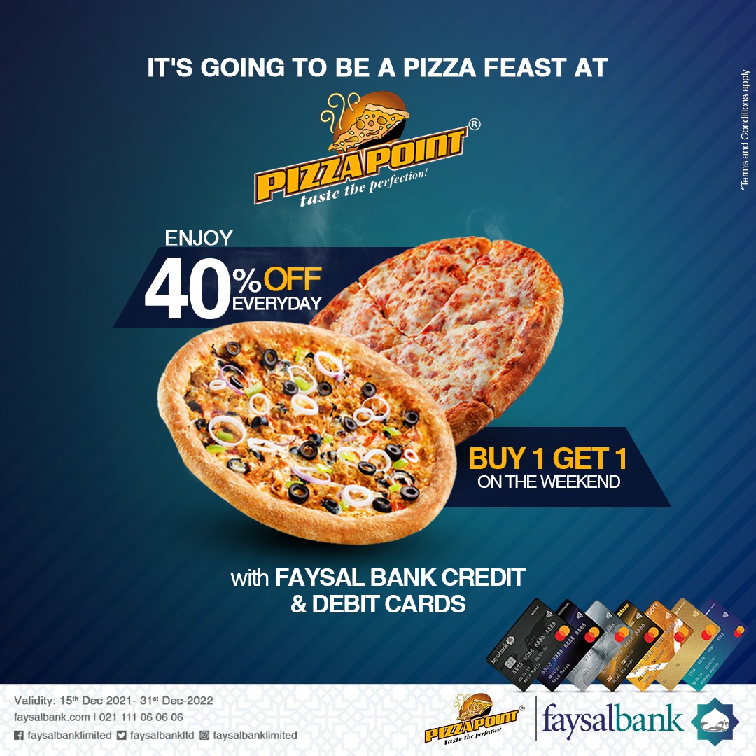 Faysalbankltd's tweet photo. Avail 40% off every day along with buy one get one free on weekends at Pizza Point with your Faysal Bank Cards.

#FaysalBank #Cards #Pizzapoint #Discount https://t.co/nOYWohh5uB