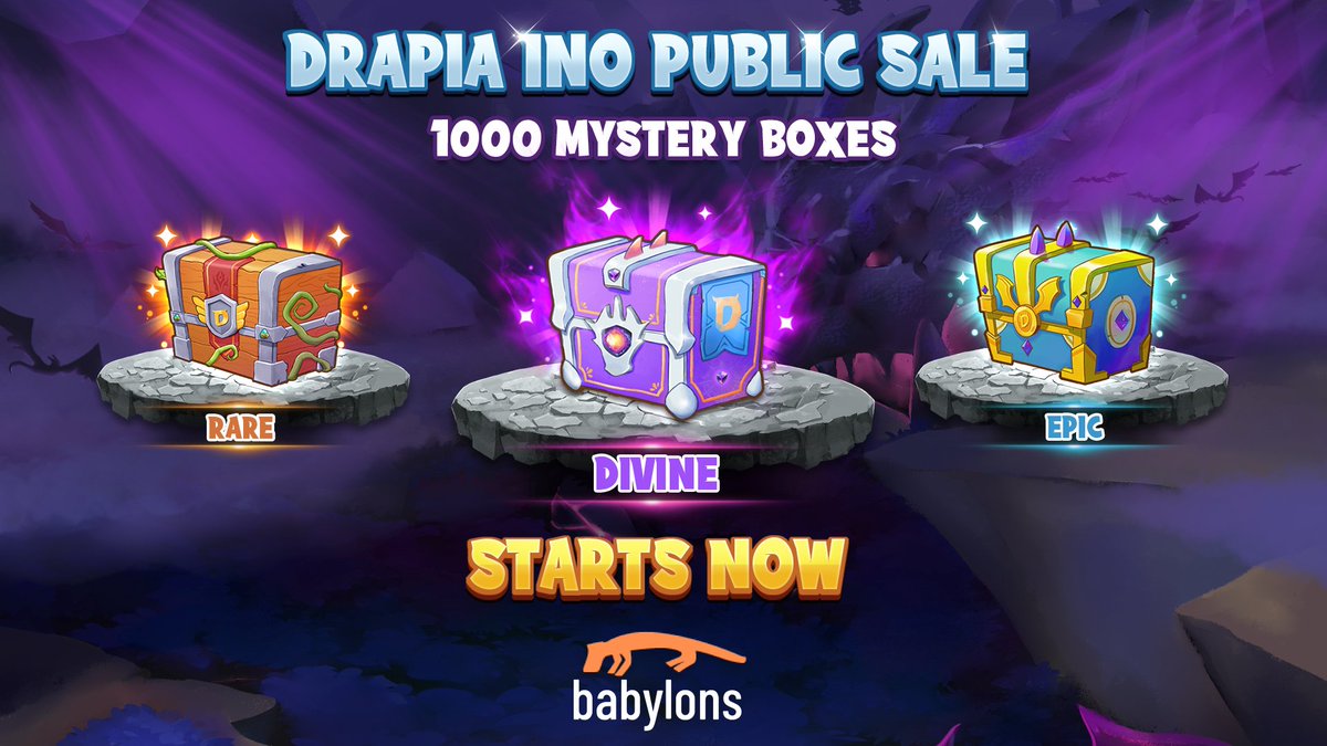 💥 Drapia INO Public Sale on Babylons: Starts now!! 💥

🔸 Starting Time: Friday, 12PM UTC, 4th March 2022
🔸 Quantity: 1000 Mystery Boxes
🔸 Link: babylons.io/drapia?tab=col…

Go buy now cause it’s a rare chance to own Mystery Boxes at this price!! Buy now or regret later 😉
