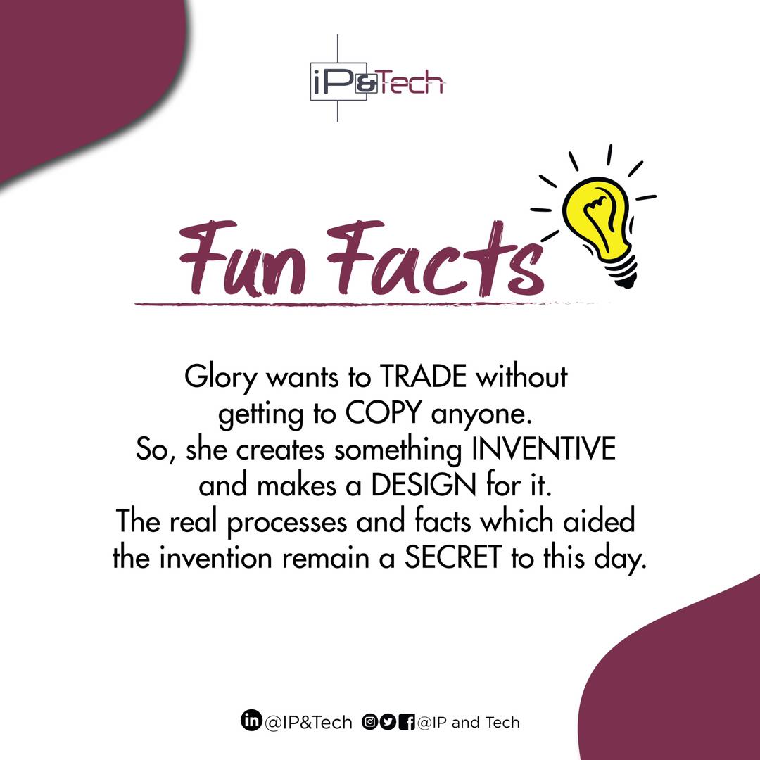 IPandTech's tweet photo. Glory wants to TRADE without getting to COPY anyone. So, she creates something INVENTIVE and makes a DESIGN for it. The real processes and facts which aided the invention remain a SECRET to this day.

Let's keep it rolling.
#funfacts #friday #ipandtech https://t.co/MHQ1LC9nEU