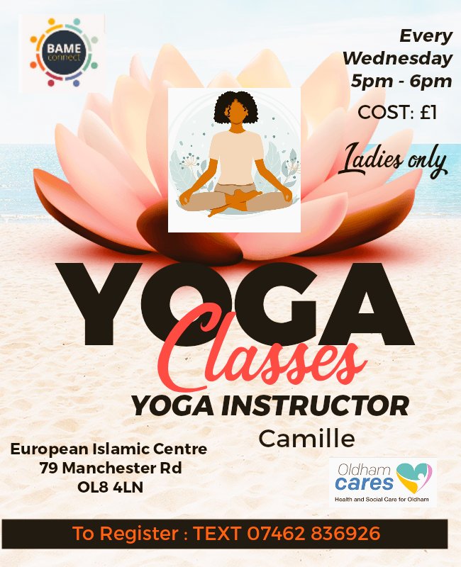 BameConnect's tweet photo. Get fit & Connect: Yoga 🧘🏾♀️ with Camille #feelgood #improvephysicalhealth #metime
Every Wednesday, no need to register just turn up!
#reducingisolation #reducingloneliness
#stayconnected @oldhamcares @Harry1Catherall @RachelDyson84 @shah_arooj https://t.co/wC0HhuTqWJ