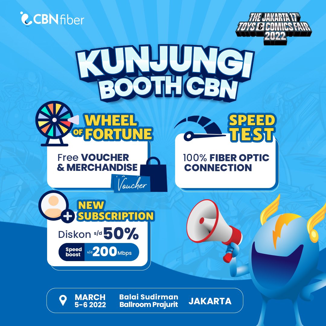 di_cbn's tweet photo. Weekend mau ke mana nih guys? Yuk ke The Jakarta 17th Toys & Comic Fair 2022! Kunjungi booth CBN Fiber, dapatkan diskon khusus pelanggan baru hingga 50% dan hadiah menarik dengan bermain wheel of fortune 🤩
#CBNFiber #InternetCepat #InternetStabil #JakartaToysandComicFair https://t.co/MbQq3cUX5W