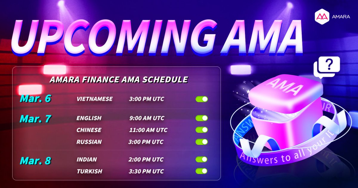 AmaraFinance's tweet photo. 📢 @AmaraFinance  community #AMA schedule🗓️ is in!

⏰ Mar. 6 - Mar. 8

📍Vietnamese https://t.co/M1ykqzISVa
📍English https://t.co/PC8qv7IsSO
📍Chinese https://t.co/A7iKYTrv0O
📍Russian https://t.co/GgRVxlBwWX
📍Indian https://t.co/RUqr0lkE0h
📍Turkish https://t.co/WdXd4krOUR https://t.co/5eVa6MFAQn