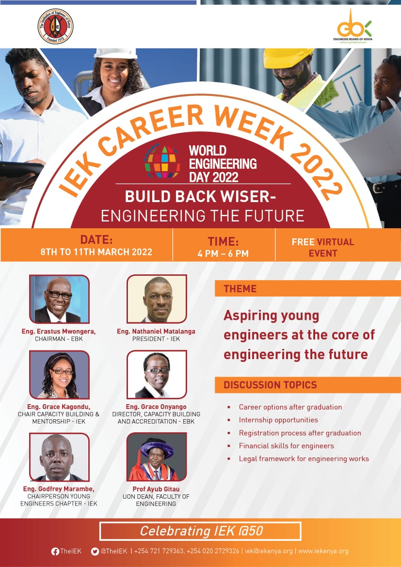 Calling out on all Engineering students📢📢📢
IEK brings you the 2nd Career week from 8th to 11th march 2022 from 4-6pm.
To register us02web.zoom.us/meeting/regist…
<a href="/EngMatalanga/">Eng. Matalanga CE, FIEK, OGW</a>
<a href="/GraceKagondu/">Eng. Grace Muthoni Kagondu</a> 
<a href="/EngineersBoard/">Engineers Board of Kenya</a>  
<a href="/Eng_Marambe/">Godfrey Marambe 👷🏾‍♂️</a>