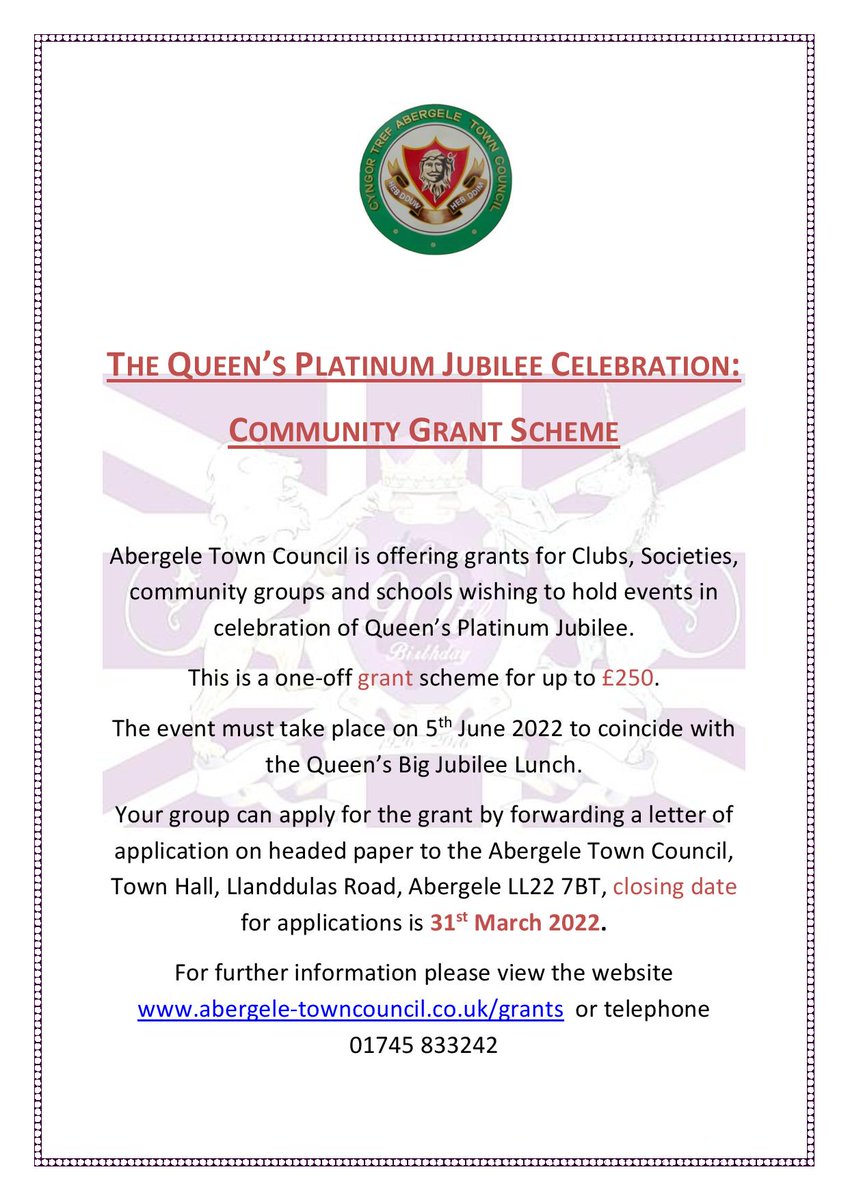 abergelecouncil's tweet photo. It's the Last Month to apply for the ATC grant to celebrate the Queens Jubilee. All applications need to be in by 31st March so apply now and your club/society/community group could receive up to £250 towards your celebration #queensjubilee #abergele #pensarn 🥳👸👑🎂 https://t.co/OZxzQe0kCn