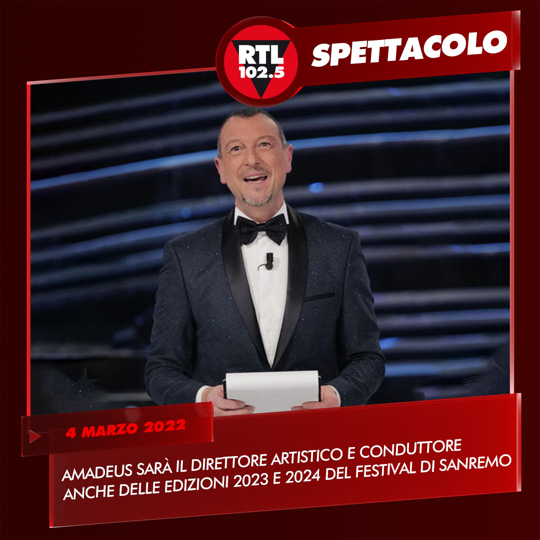 rtl1025's tweet photo. 🎵 É ufficiale: #Amadeus sarà direttore artistico e conduttore di #Sanremo anche per le edizioni del 2023 e 2024: “Sono felice e onorato. Aver ricevuto adesso questa proposta mi permette di lavorare da subito. Non vedo l’ora di iniziare”, ha commentato Amadeus https://t.co/ULPMylL2um