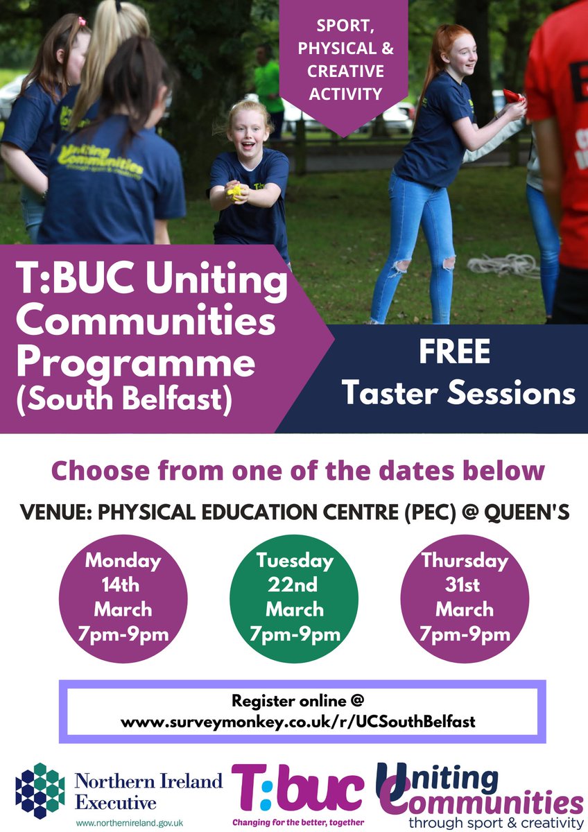 FergalsInsights's tweet photo. @CommunitiesNI T:BUC Uniting Communities Through Sport &amp; Creativity Programme for 11-16's in #SouthBelfast will start with Taster Sessions @QueensSport PEC. Young people aged 11-16 invited to attend, programme led by @Toddsleap_com
 &amp; partners #TBUC #unitingcommunities Please RT https://t.co/3WcQNMmHgM