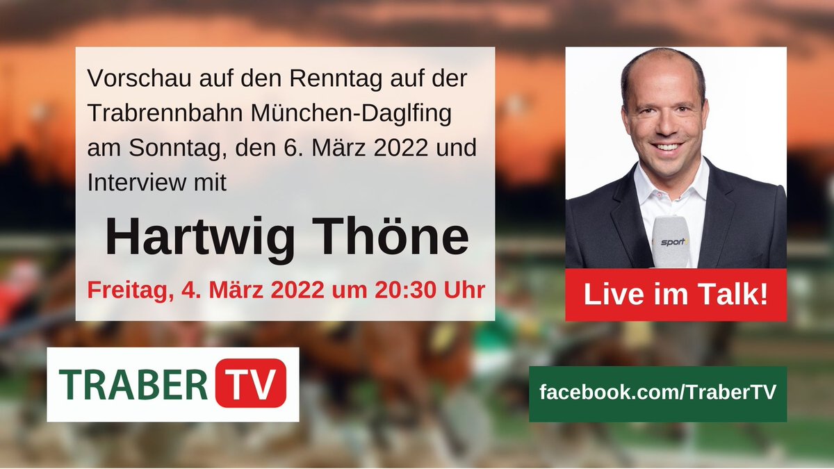 Heute abend ist <a href="/SPORT1/">SPORT1</a>-Moderator <a href="/HaddiThoene/">Hartwig Thöne</a> live zu Gast bei <a href="/Traber_TV/">TraberTV</a>.

Im Interview reden wir über u.a. seine Einsätze am Microphon bei Übertragungen von <a href="/wettstar_de/">Wettstar.de</a> und über den Renntag am Sonntag auf der Trabrennbahn #München-Daglfing.

#TraberTV