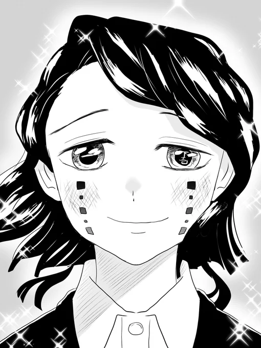 漫画の仕上げ中急に「似合うんじゃないか」と思い立って描きました、「しずかちゃん(タコピー)風魘夢さん」…本家の描き込みのエグさを思い知り、30分ほどで諦めました、なんか色々ゴメンなさい‼︎ 