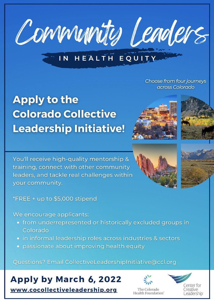 Community leaders in #HealthEquity across Colorado!
Apply by March 6 to receive FREE high-quality mentorship &amp; training from <a href="/ccldotorg/">Center for Creative Leadership</a>, connect w/ other leaders, and tackle real health equity challenges in your community - sponsored by <a href="/COHealthFDN/">CO Health Foundation</a>.
cocollectiveleadership.org