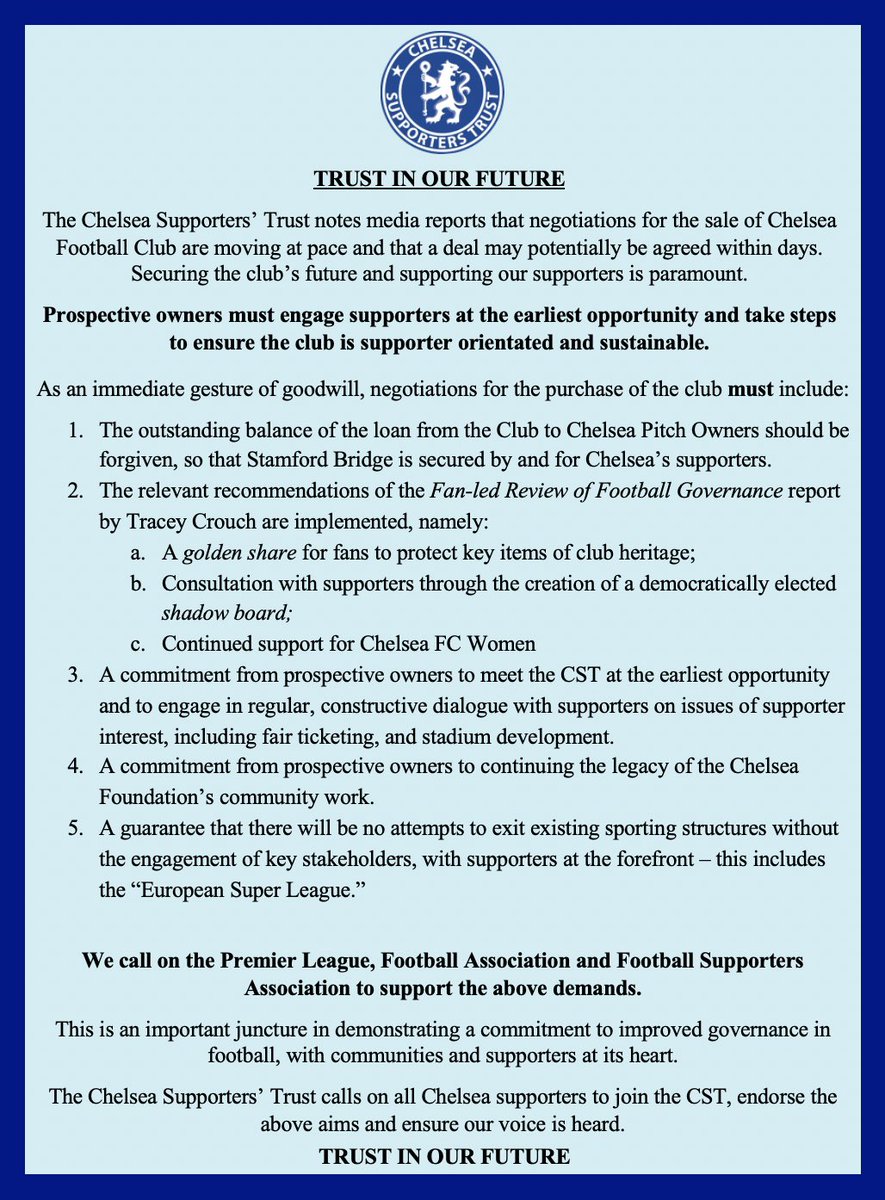 ChelseaSTrust's tweet image. A Chelsea Supporters’ Trust statement.

#TrustInOurFuture